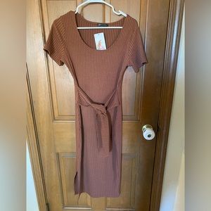 Prettygarden brand brown ribbed midi dress with front tie